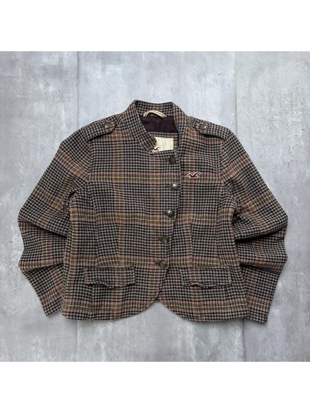 Y2K Brown Hollister Plaid Wool Blazer Jacket